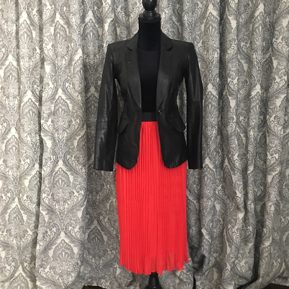 Coral red pleated midi skirt